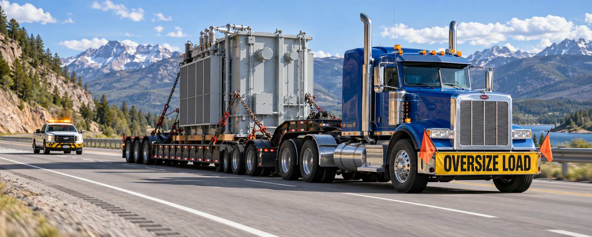 Heavy-haul truck carrying an oversize load with a pilot escort vehicle