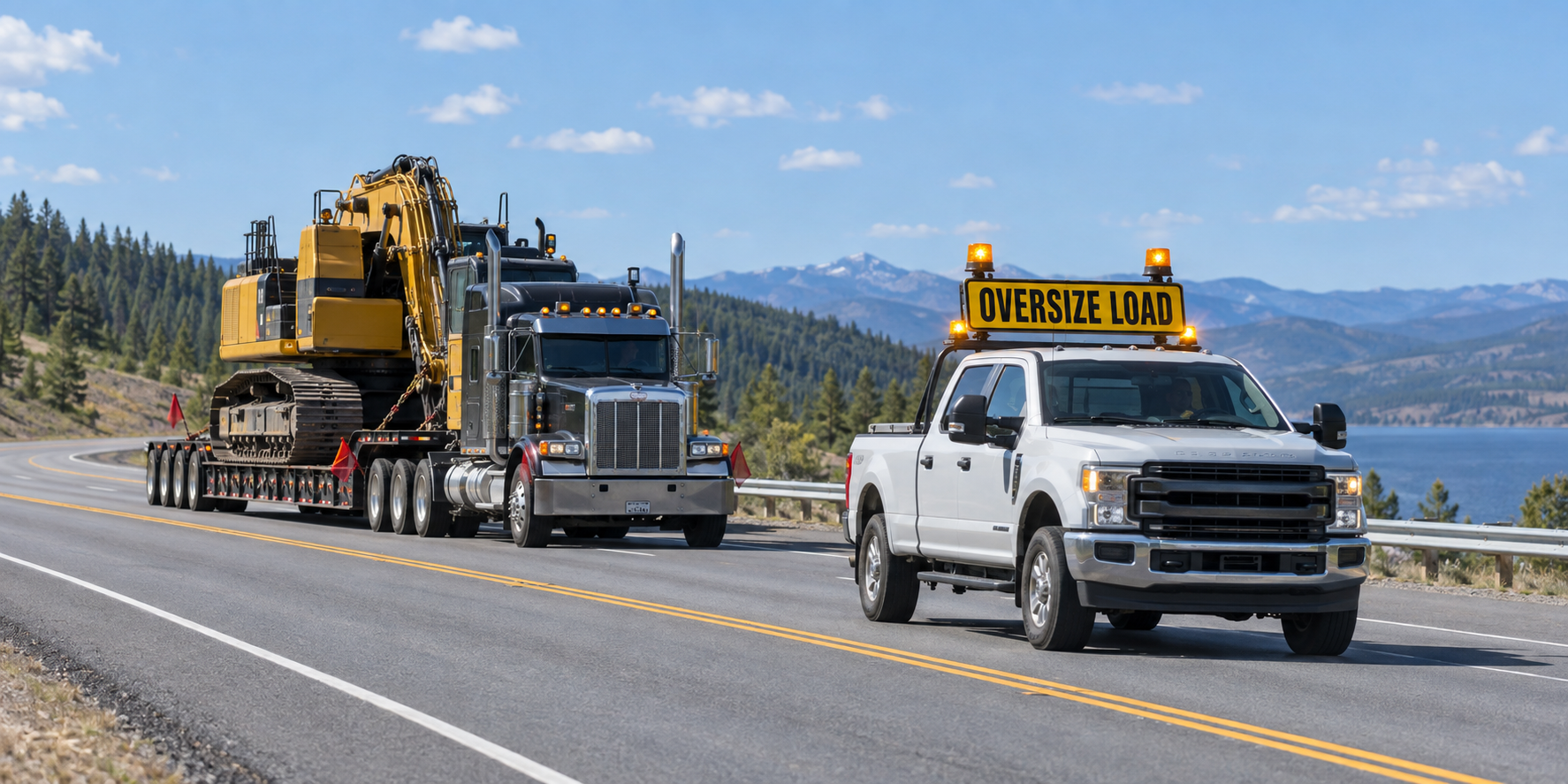 Pilot escort accompanying an oversize load on the road